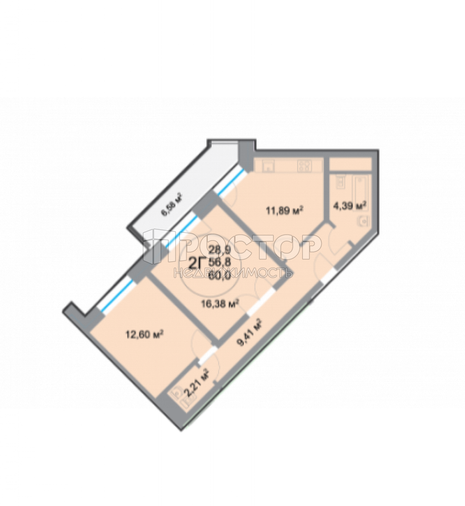 2-комнатная квартира, 61 м² - фото 2
