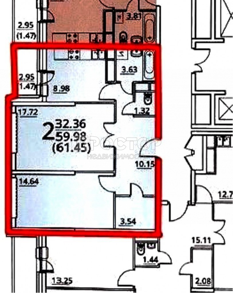 2-комнатная квартира, 61.45 м² - фото 3