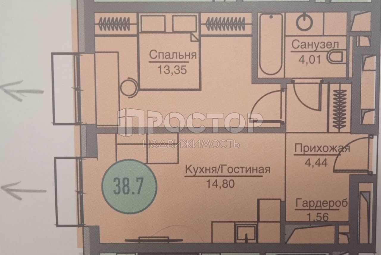 2-комнатная квартира, 38.8 м² - фото 3