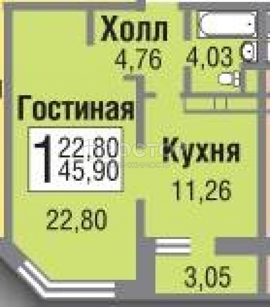 1-комнатная квартира, 46 м² - фото 13