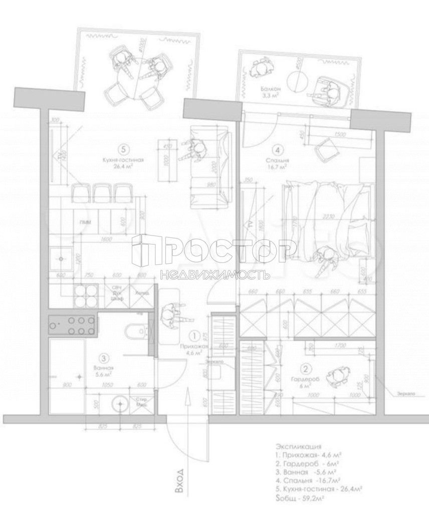 1-комнатная квартира, 53.6 м² - фото 17