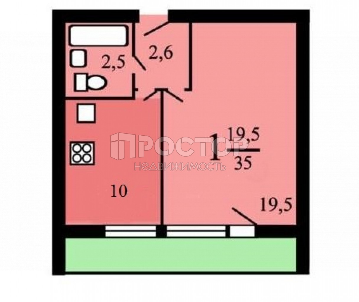1-комнатная квартира, 35 м² - фото 16