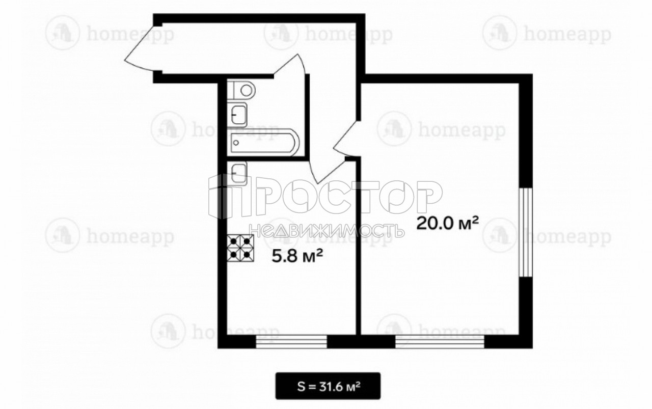 1-комнатная квартира, 31.6 м² - фото 2