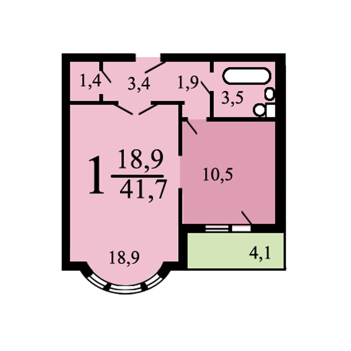 1-комнатная квартира, 41.7 м² - фото 14