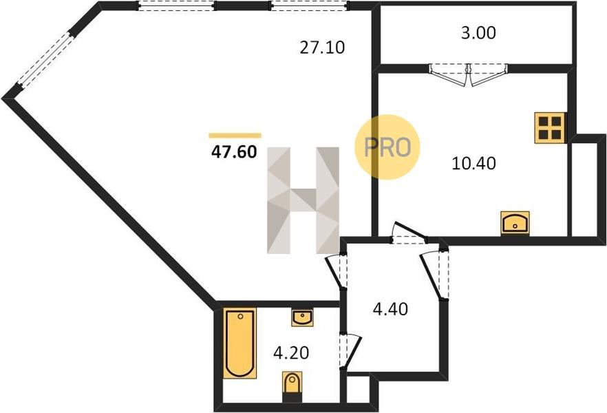 1-комнатная квартира, 48.3 м² - фото 2