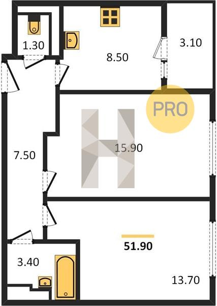 2-комнатная квартира, 51.9 м² - фото 3