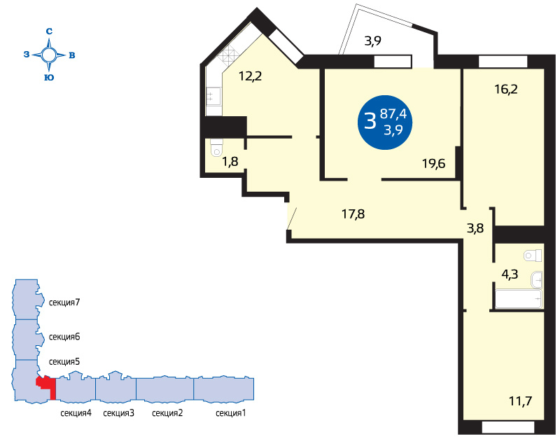 3-комнатная квартира, 90.5 м² - фото 21