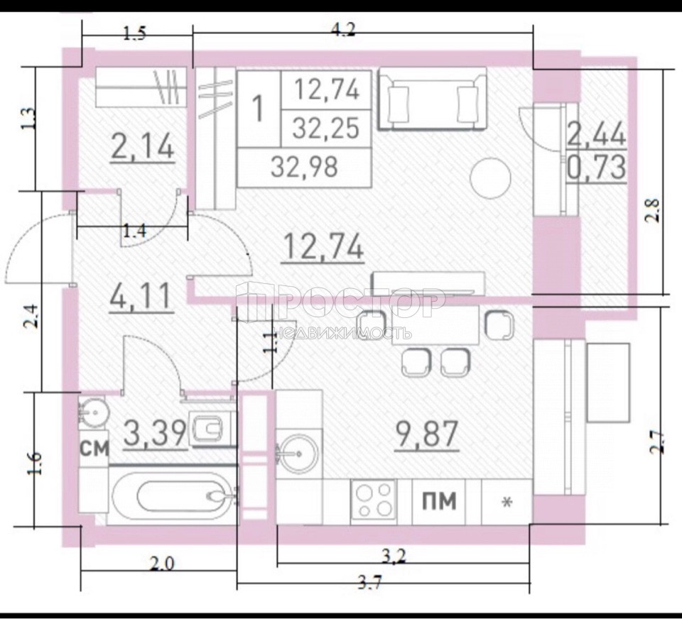 1-комнатная квартира, 32.98 м² - фото 6