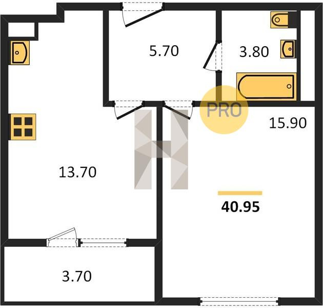 1-комнатная квартира, 40.95 м² - фото 5
