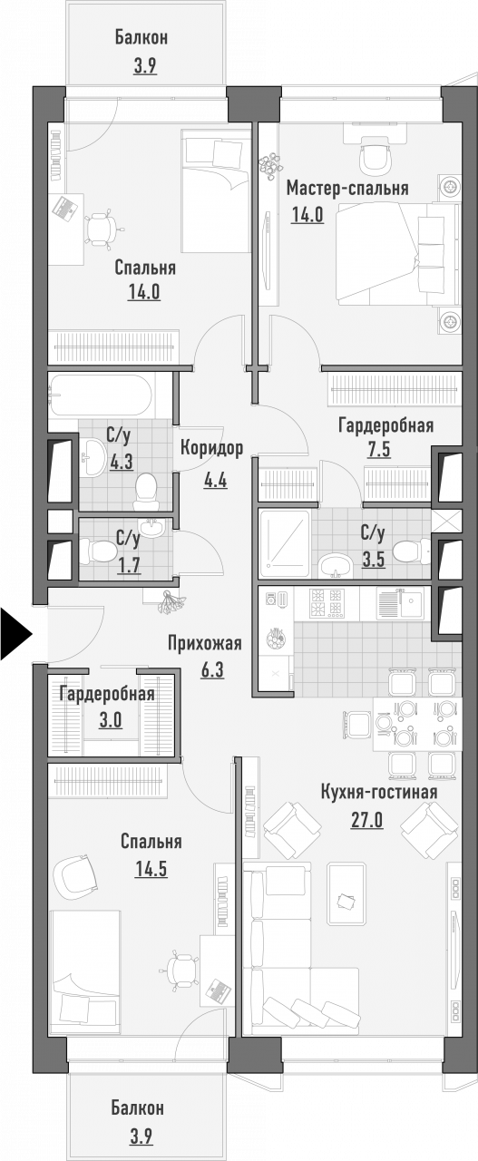 3-комнатная квартира, 102.03 м² - фото 3