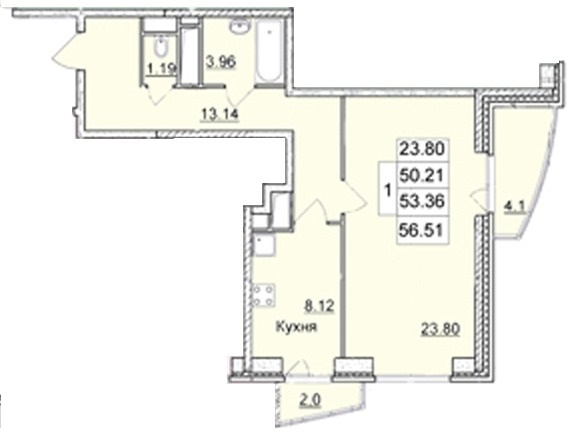 1-комнатная квартира, 56.51 м² - фото 12