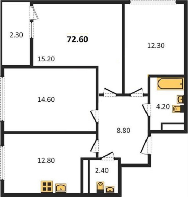 3-комнатная квартира, 72.6 м² - фото 2