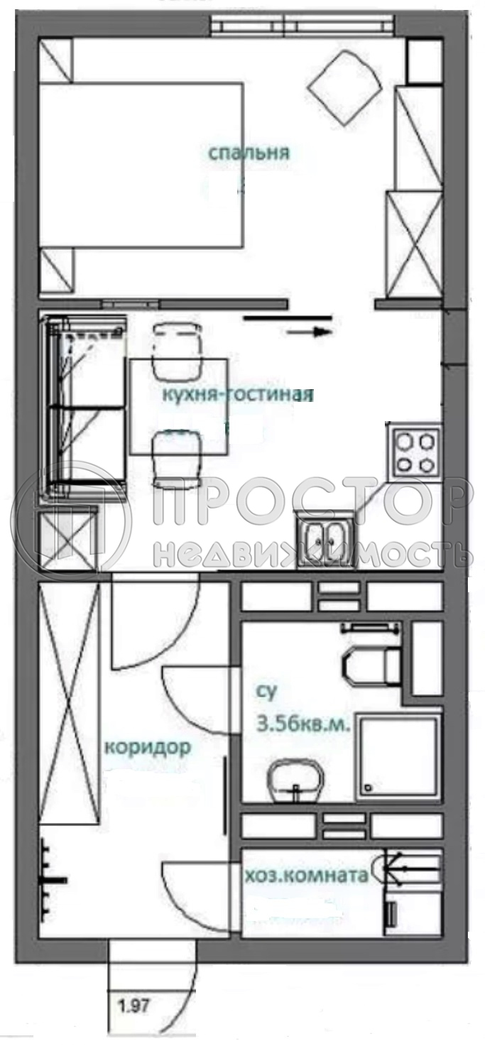 1-комнатная квартира, 33.3 м² - фото 19