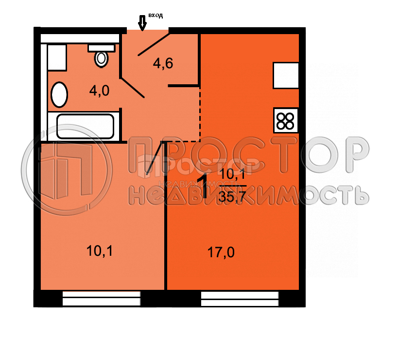 1-комнатная квартира, 35.3 м² - фото 16
