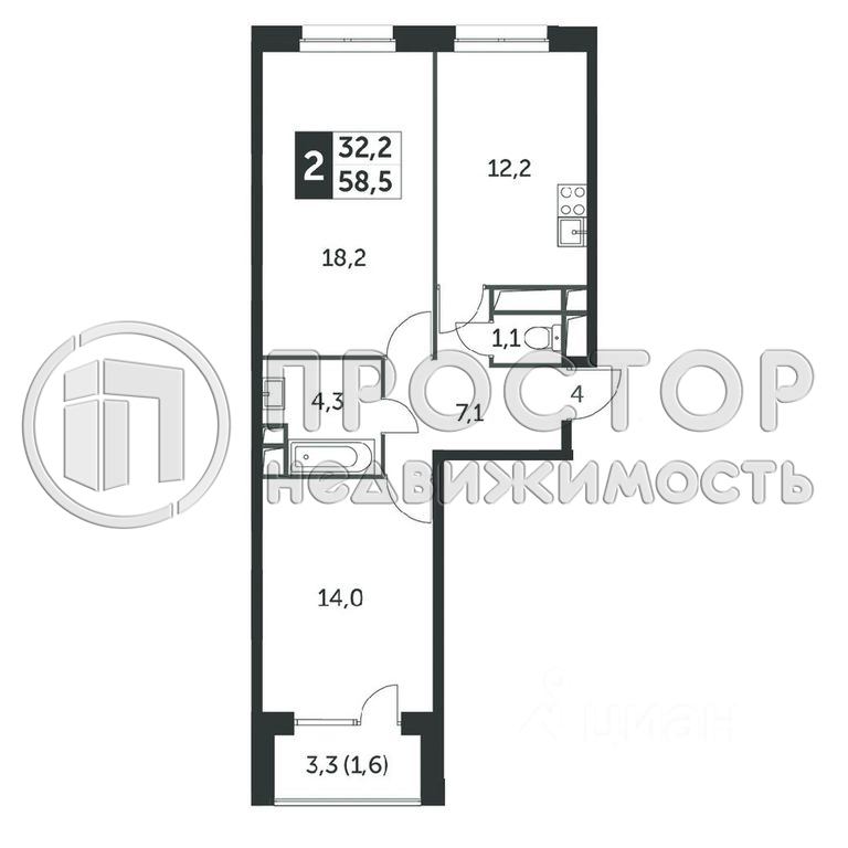 2-комнатная квартира, 58.5 м² - фото 3