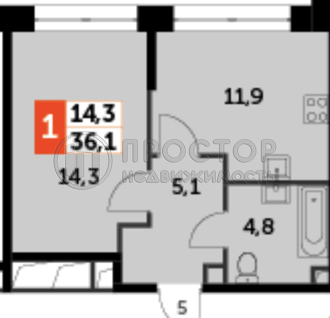 1-комнатная квартира, 36.1 м² - фото 18
