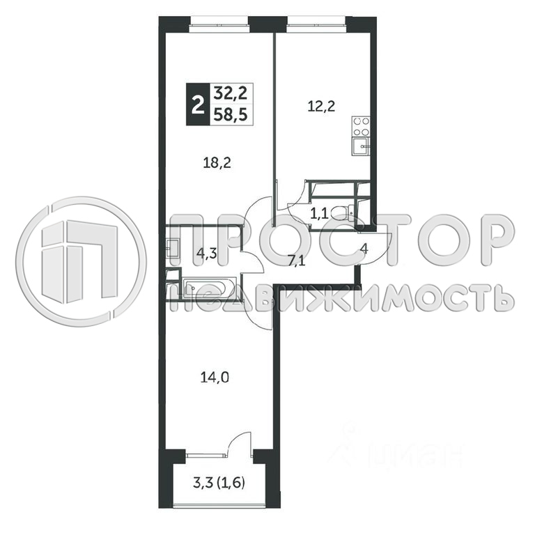 2-комнатная квартира, 58.5 м² - фото 3