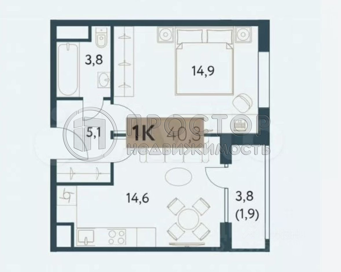1-комнатная квартира, 40.3 м² - фото 52