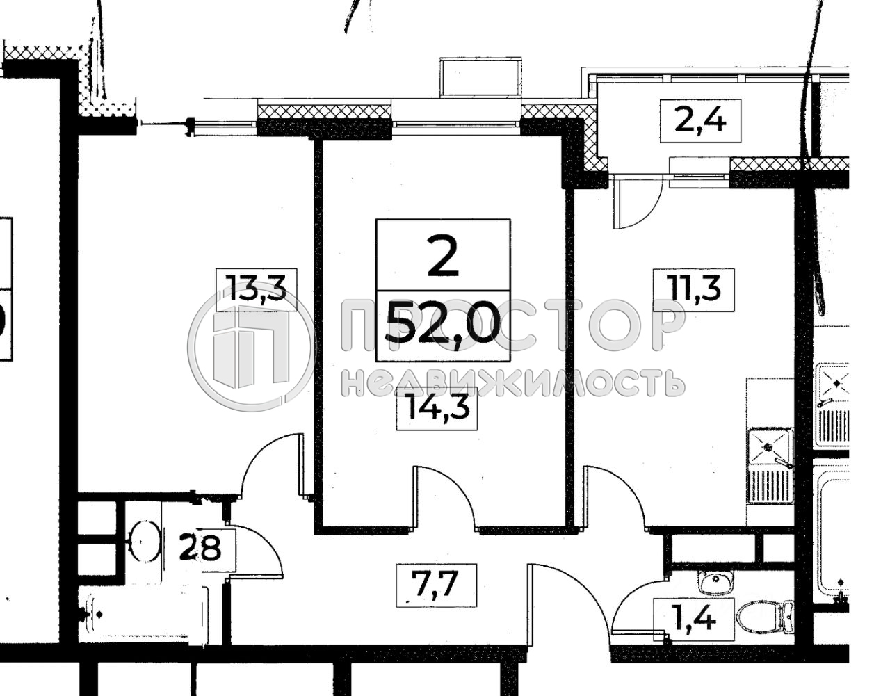 2-комнатная квартира, 52.4 м² - фото 68