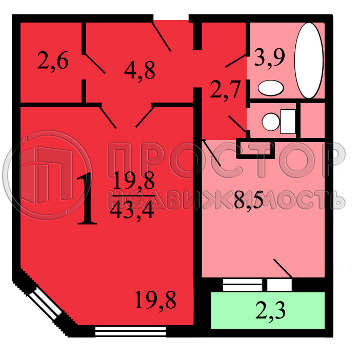 1-комнатная квартира, 42.3 м² - фото 20