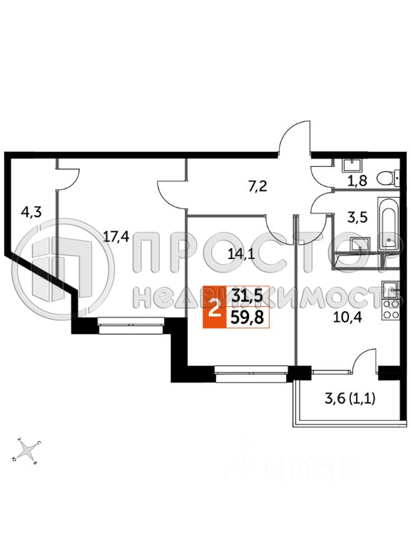 2-комнатная квартира, 59.8 м² - фото 5