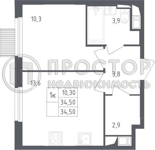 1-комнатная квартира, 34.5 м² - фото 16