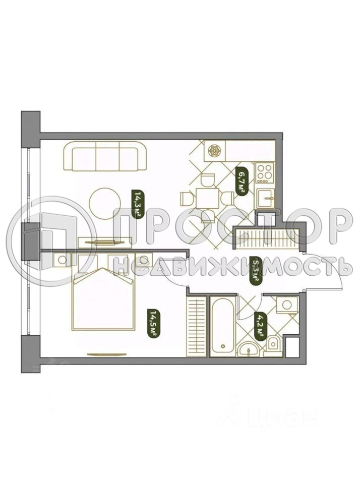 2-комнатная квартира, 44.7 м² - фото 2