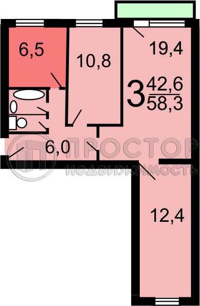 3-комнатная квартира, 58 м² - фото 16