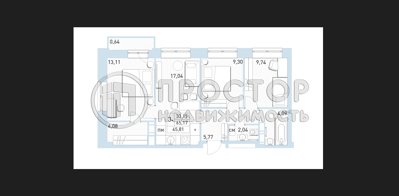 3-комнатная квартира, 65.81 м² - фото 9