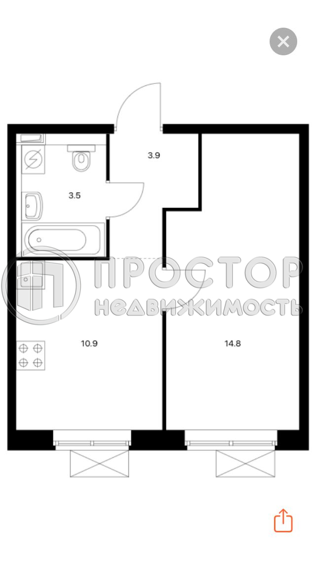 1-комнатная квартира, 33.1 м² - фото 14