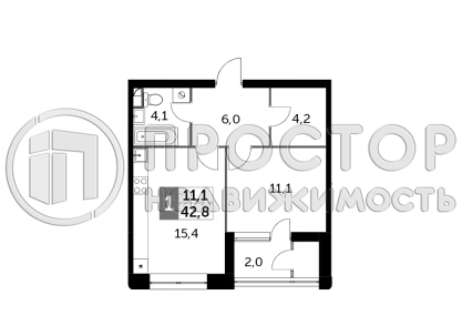 1-комнатная квартира, 41.3 м² - фото 11