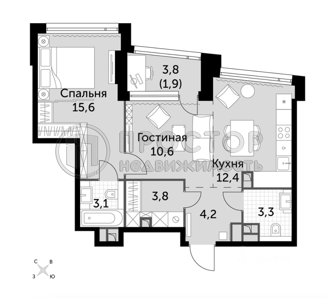 2-комнатная квартира, 54.9 м² - фото 2
