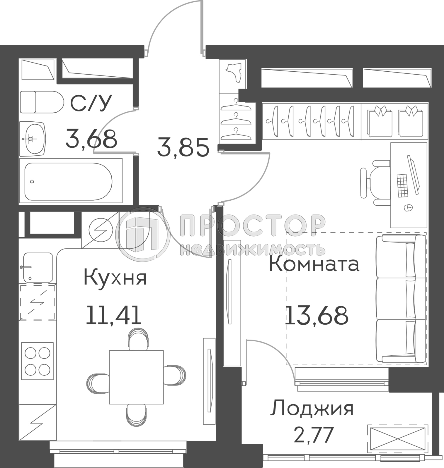 1-комнатная квартира, 34.01 м² - фото 16