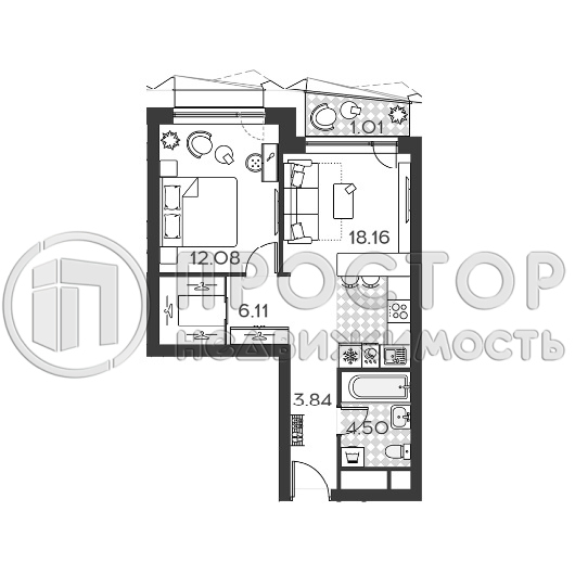 1-комнатная квартира, 44.69 м² - фото 7