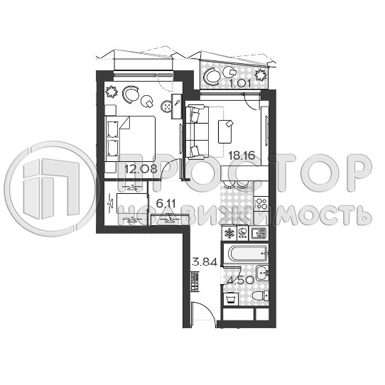 1-комнатная квартира, 44.69 м² - фото 7