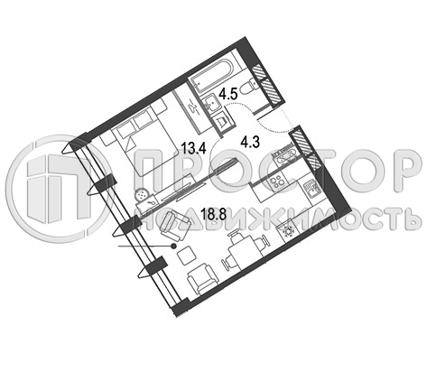 1-комнатная квартира, 40.27 м² - фото 12