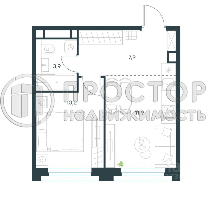 1-комнатная квартира, 34 м² - фото 14