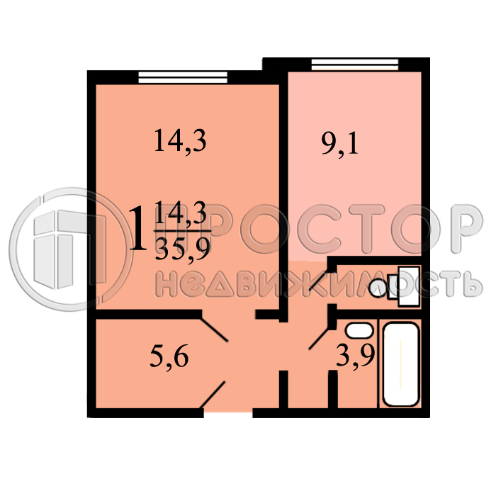 1-комнатная квартира, 36 м² - фото 12