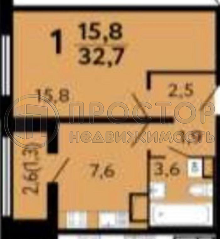 1-комнатная квартира, 32.7 м² - фото 12
