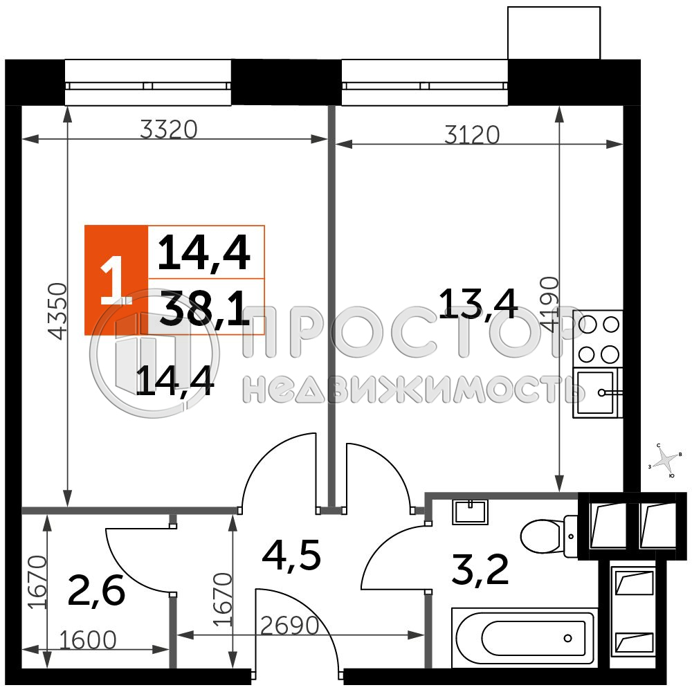 1-комнатная квартира, 38.1 м² - фото 12