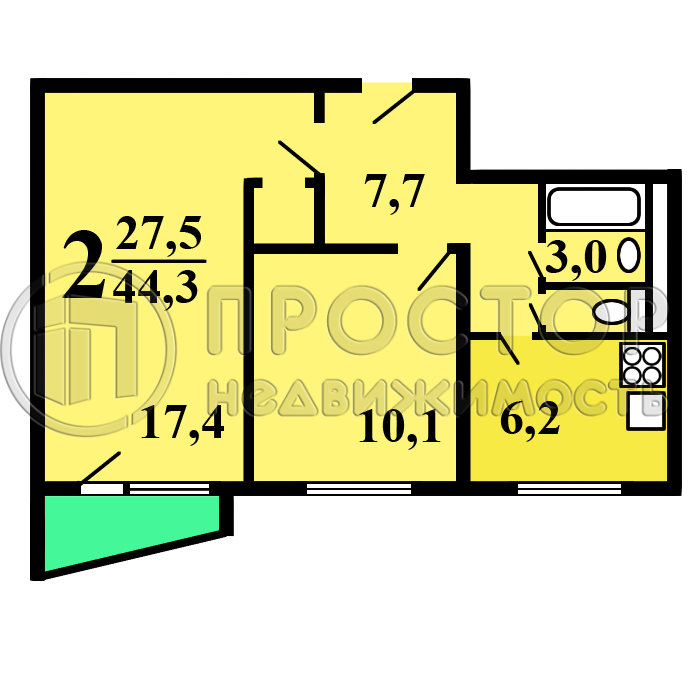 2-комнатная квартира, 44.3 м² - фото 2