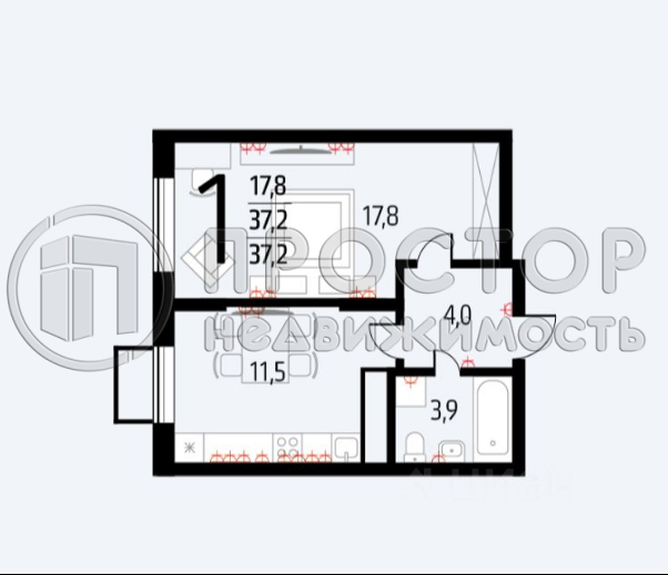 1-комнатная квартира, 37 м² - фото 8