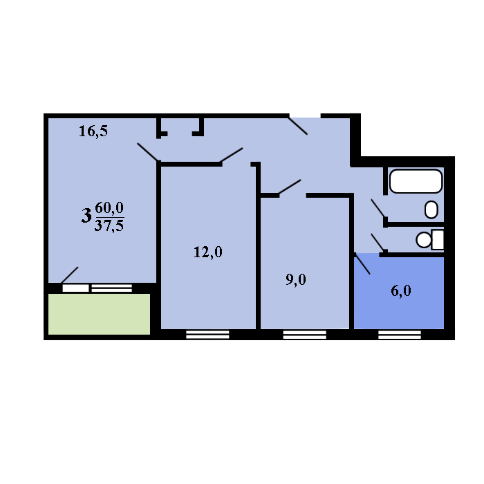 3-комнатная квартира, 60 м² - фото 6