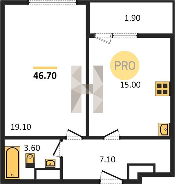 1-комнатная квартира, 46.7 м² - фото 4