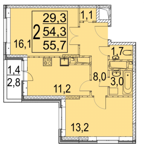 2-комнатная квартира, 55.7 м² - фото 2