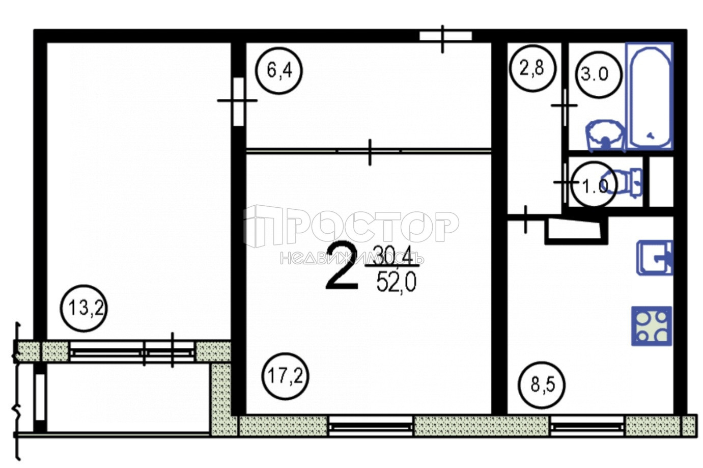 2-комнатная квартира, 52.1 м² - фото 2