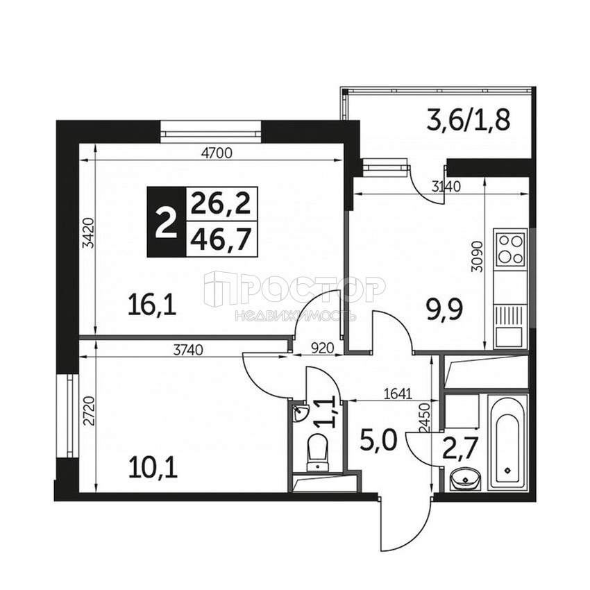 2-комнатная квартира, 44.8 м² - фото 23