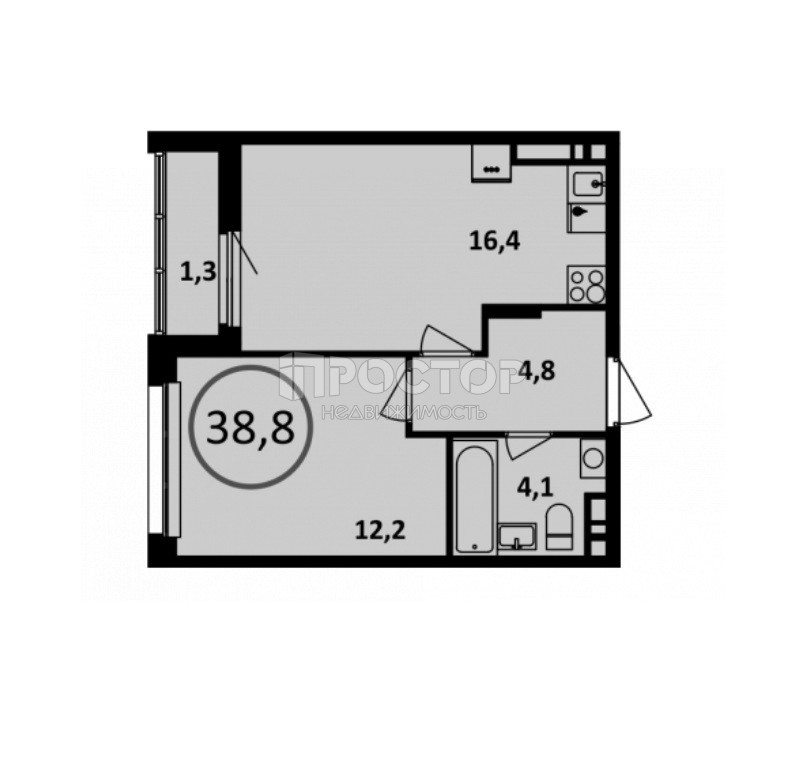1-комнатная квартира, 38.8 м² - фото 8