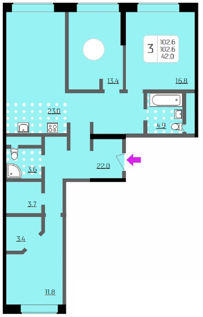 3-комнатная квартира, 102.6 м² - фото 2