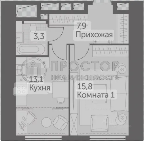 1-комнатная квартира, 40.1 м² - фото 7